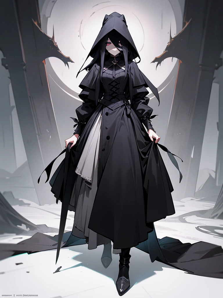 A female plague doctor. She would have totally black hair, her hair is short and messy. Her eyes would also be black and she would be very tall, having the appearance and stature of an adult. Her clothes would cover her entire body except for her face.