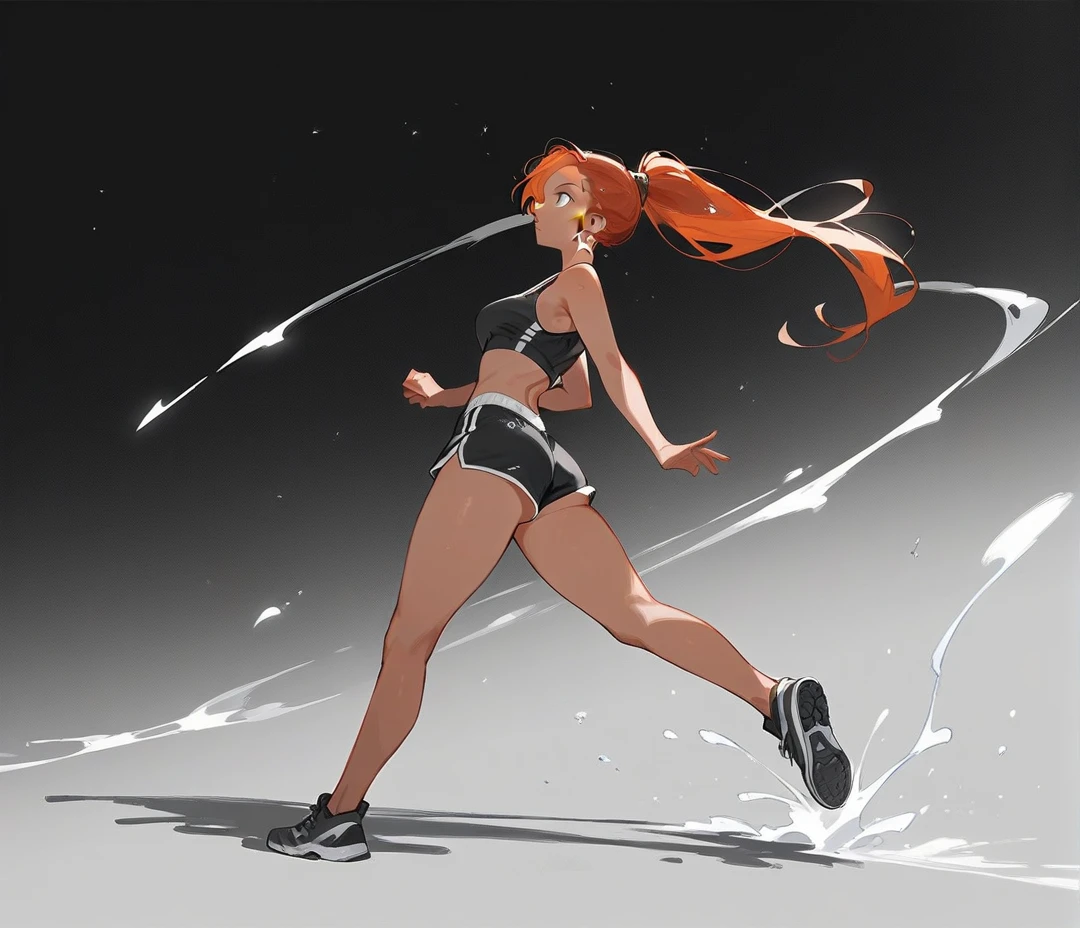 redhead, tanned skin, medium breasts, thick ass, black sports bra, black and white dolphin running shorts, black star shaped earrings, long ponytail, full body shot