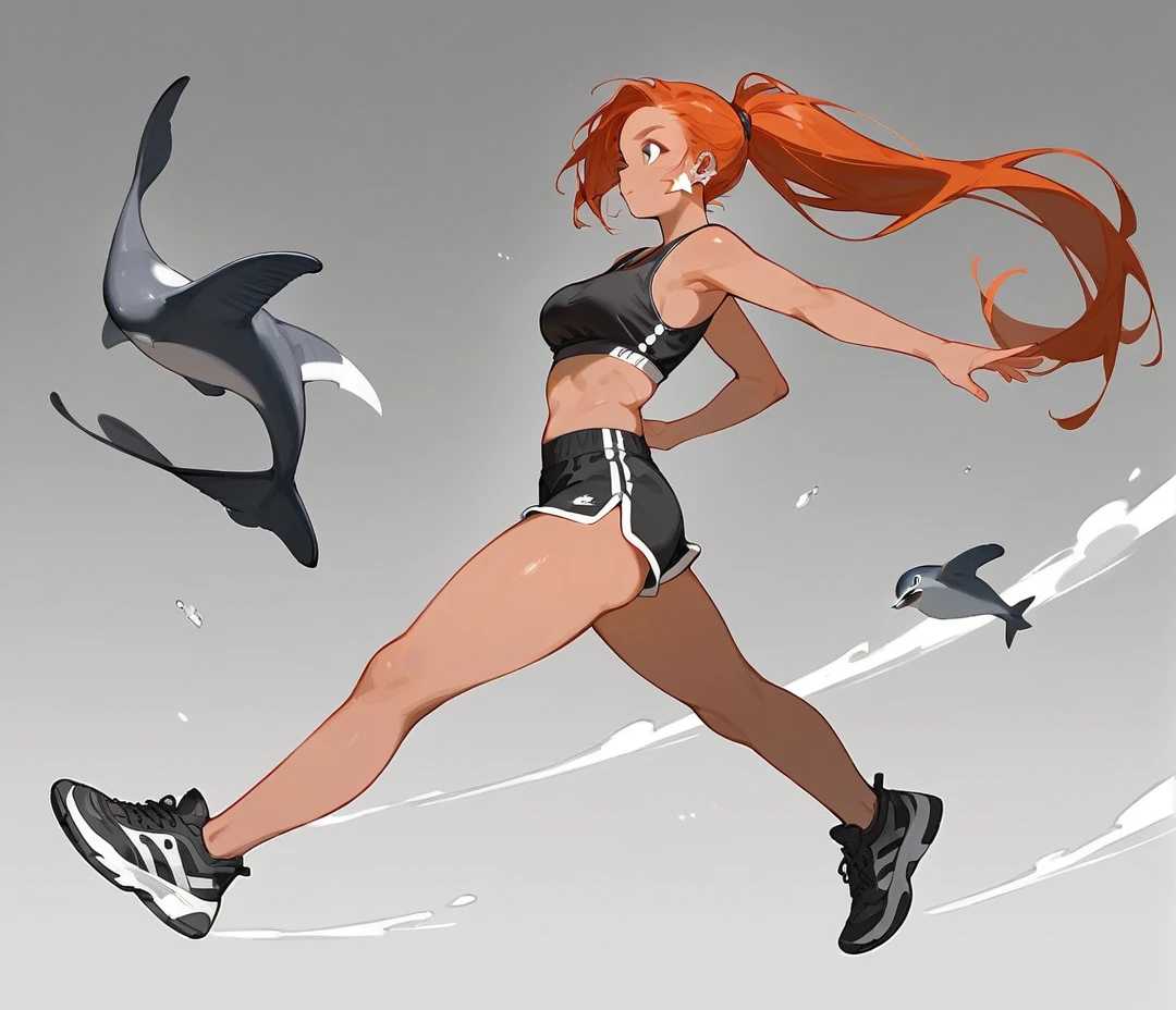 redhead, tanned skin, medium breasts, thick ass, black sports bra, black and white dolphin running shorts, black star shaped earrings, long ponytail, full body shot