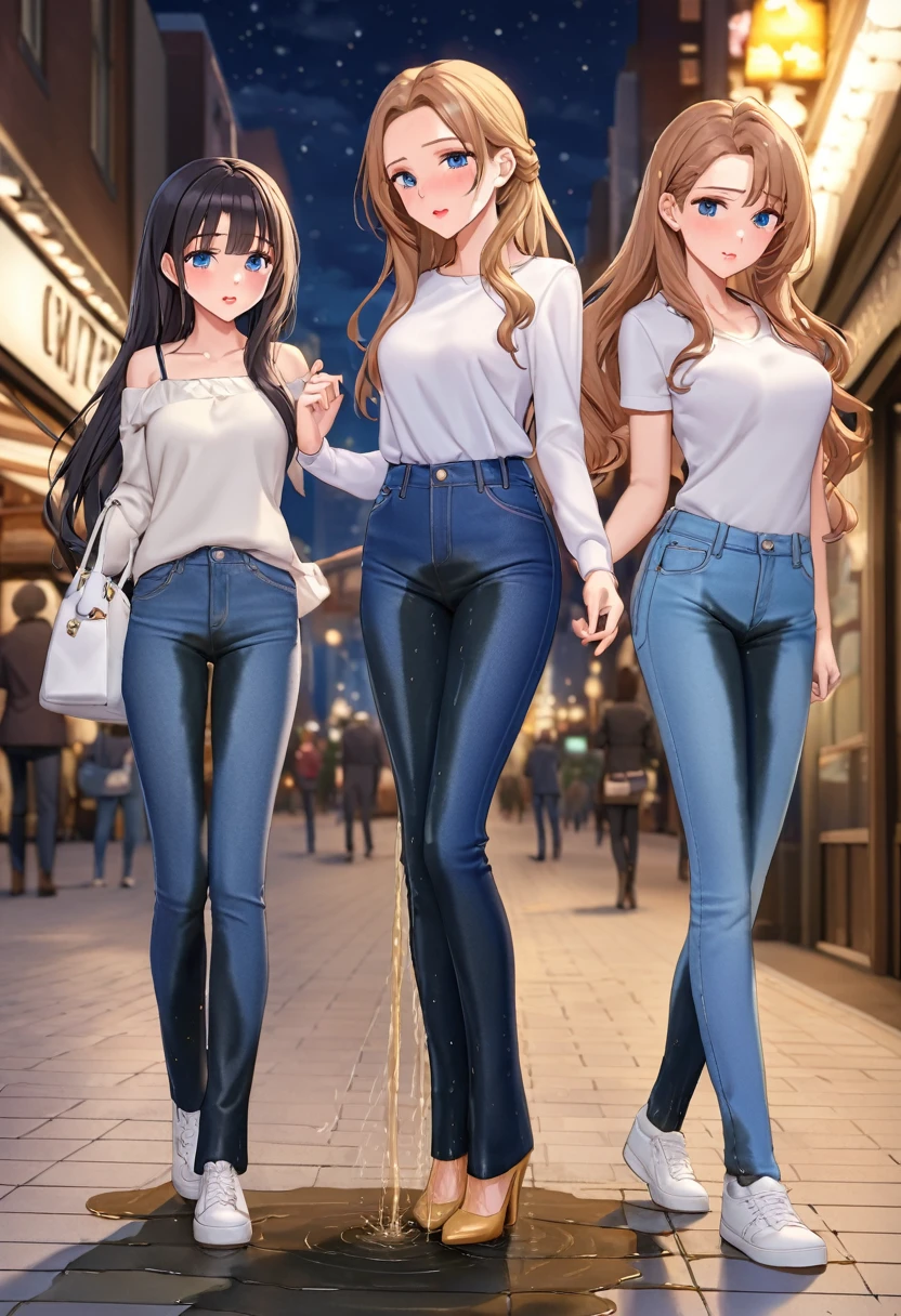 ((best quality, masterpiece:1.3, 8K)), (detailed), highly detailed face and skin texture, detailed eyes, downtown, night time, full body, (slender body:1.1), (a group of 3 girls:1.2), 25 years old, white skin, bright lips, worried, embarrassed, long hair, (forehead:1.0), jeans pants, flares jeans, tight jeans, blue jeans, (wetting themself:1.5), desperation:1.5,