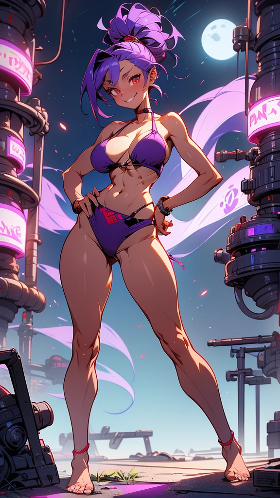 Masterpiece, best quality, Masterpiece, best quality, 1 woman , red eyes , long purple ponytail , sly face , smile , purple bikini , abdomen, big breasts , Long legs , Barefoot , hands on hips , abandoned factory , at night
