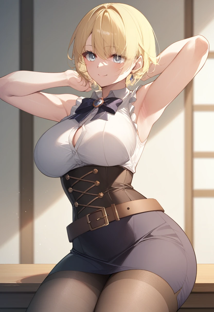 masterpiece)),((Highest quality)),High resolution,Highly detailed CG,Perfect lighting,8k wallpaper、One Woman, alone、Very large breasts、Very large breasts、Side bust、very thick legs、smile、Blonde,Looking into the camera、Grey Eyes、short hair、ミディアムshort hair、black short pencil skirt、Sleeveless white business shirt、black corset skirt、Wrap a belt around your waist、Show your armpits、Raise your arms、black tights、