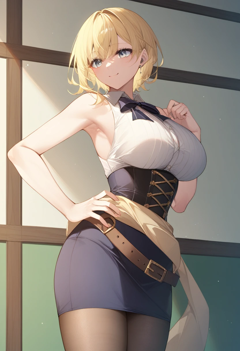 masterpiece)),((Highest quality)),High resolution,Highly detailed CG,Perfect lighting,8k wallpaper、One Woman, alone、Very large breasts、Very large breasts、Side bust、very thick legs、smile、Blonde,Looking into the camera、Grey Eyes、short hair、ミディアムshort hair、black short pencil skirt、Sleeveless white business shirt、black corset skirt、Wrap a belt around your waist、Show your armpits、Raise your arms、black tights、