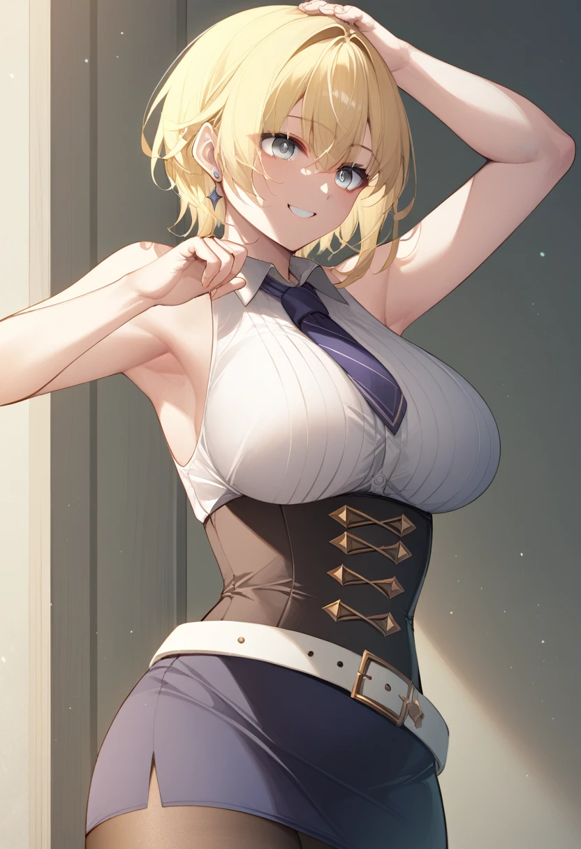 masterpiece)),((Highest quality)),High resolution,Highly detailed CG,Perfect lighting,8k wallpaper、One Woman, alone、Very large breasts、Very large breasts、Side bust、very thick legs、smile、Blonde,Looking into the camera、Grey Eyes、short hair、ミディアムshort hair、black short pencil skirt、Sleeveless white business shirt、black corset skirt、Wrap a belt around your waist、Show your armpits、Raise your arms、black tights、