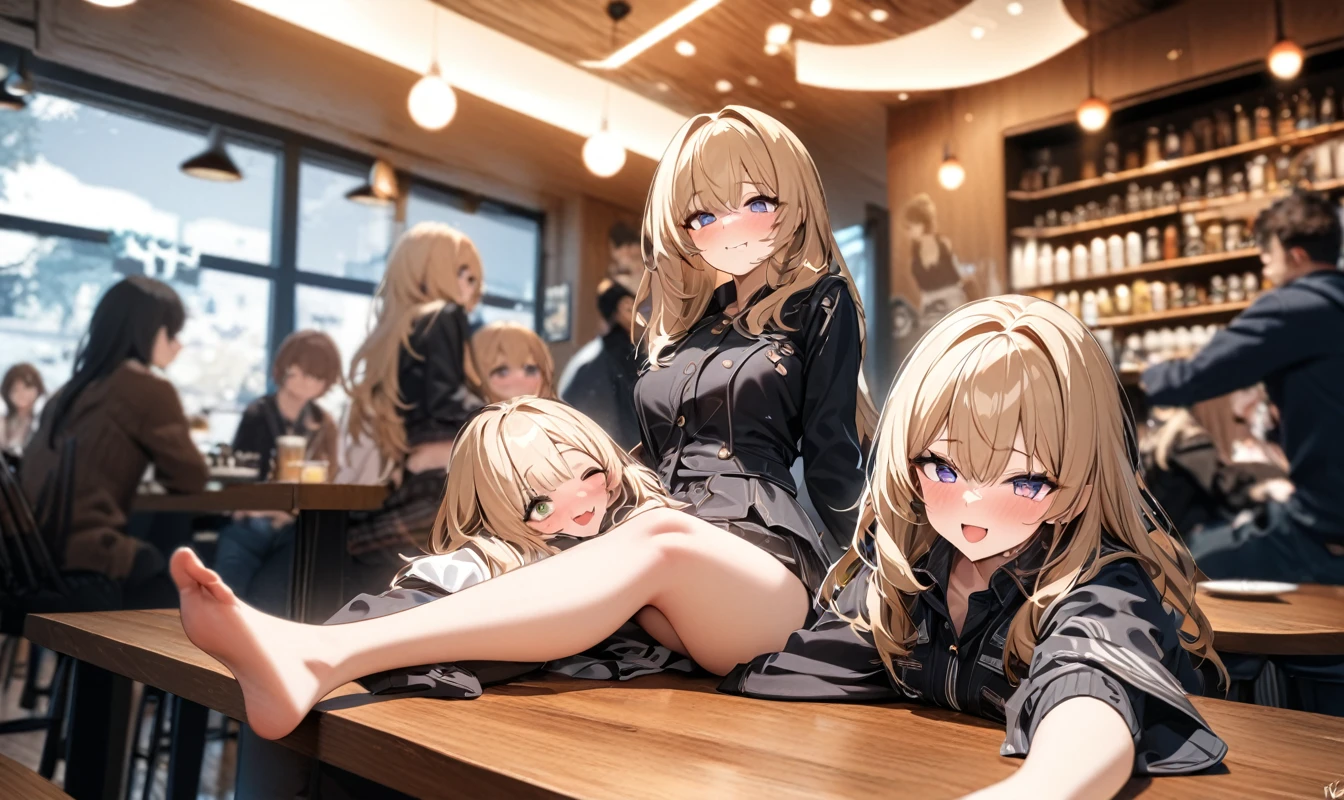 (masterpiece), best quality, ultra-detailed, 1024k UHD wallpaper, ultra-high resolution, depth of field, HDR, (extremely detailed CG 1024k wallpaper), Detailed face, Detailed Clothes, Ultra HD Photo, Perfect Face, 69friends, sitting on table, in cafe, having fun, yofan name in background