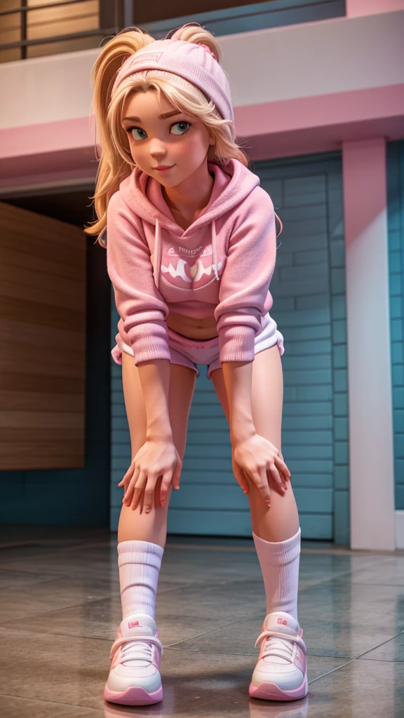 Kedra Sunderland sexy, She is wearing a baby pink bikini sweatshirt and short baby pink sweatshirt shorts and white high socks and white sneakers. She squats doing a sexual pose
