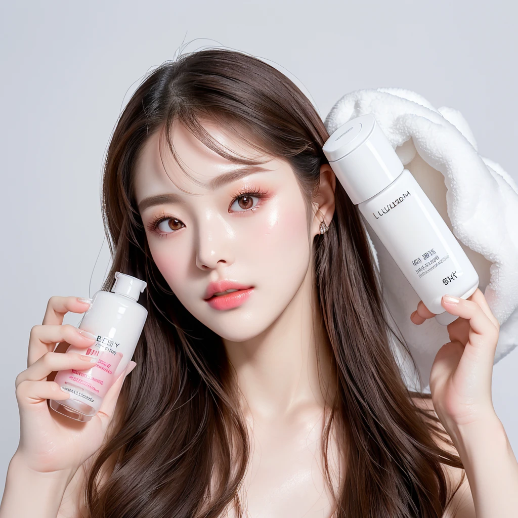 there is a woman holding a bottle of lotion and a bottle of lotion, milky white skin, popular south korean makeup, popular korean makeup, 8k)), makeup, male!!, product shot, huleeb, 🤬 🤮 💕 🎀, skincare, lumi, full product shot, portrait!!, 8k!!, photoshoot for skincare brand, shiny