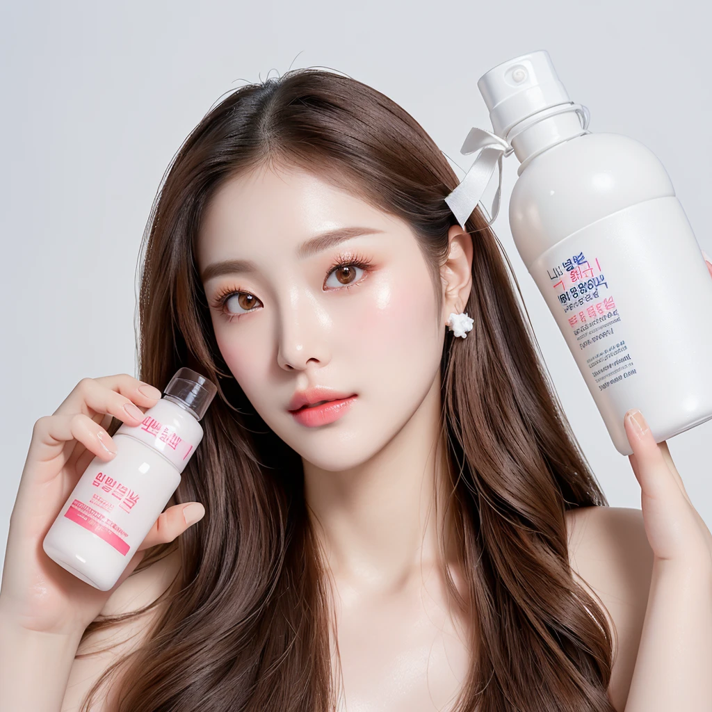 there is a woman holding a bottle of lotion and a bottle of lotion, milky white skin, popular south korean makeup, popular korean makeup, 8k)), makeup, male!!, product shot, huleeb, 🤬 🤮 💕 🎀, skincare, lumi, full product shot, portrait!!, 8k!!, photoshoot for skincare brand, shiny