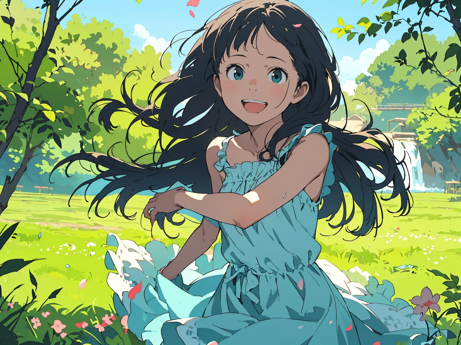 Reasonable design, Clear lines, High Sharpness, (Highest quality,8K,Perfect sharpness,Ultra fine,High resolution,masterpiece:1.2), Perfect Anatomy:1.5, Official Art, Illustrations that tell a story, (Whitish background:0. 9)、Body Positivity、多Mr.な身体表現、(Random and energetic poses)、Perfect beauty、Perfect beautiful face、Strong winds、A rich expression、Dynamic composition、smile、Golden ratio composition、colorful、((Mr.々Different angles and perspectives))、Anime Art、(Mini dress)、(Overcoming stereotypes)、 Glowing Skin、(Natural beauty)、smile、Bangs、(Soft and flowing hair)、(countryside)、(Nostalgic atmosphere)、Put it up to your thighs、(Playful and carefree)、(多Mr.な民族のキャラクター)、(innocent attitude)、(Sunny atmosphere)、(The skirt flutters wildly in the wind)、(Bright colors)、Beautiful Eyes、(Embarrassing)、Braided Hair、Summer Scene、Smiling among flowers、Side angle、