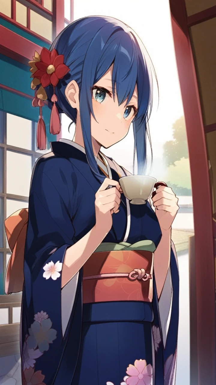 anime girl In kimono outfit holding a cup of tea, Anime Moe Art Style, In kimono, In kimono, Cute girl anime visuals, Wearing a blue robe, Wearing a blue robe, Kantai Collection Style, Young Anime Girl, Kyoto Animation Style, Ayaka Genshin Impact, Official Art, Shirabii, wearing a haori