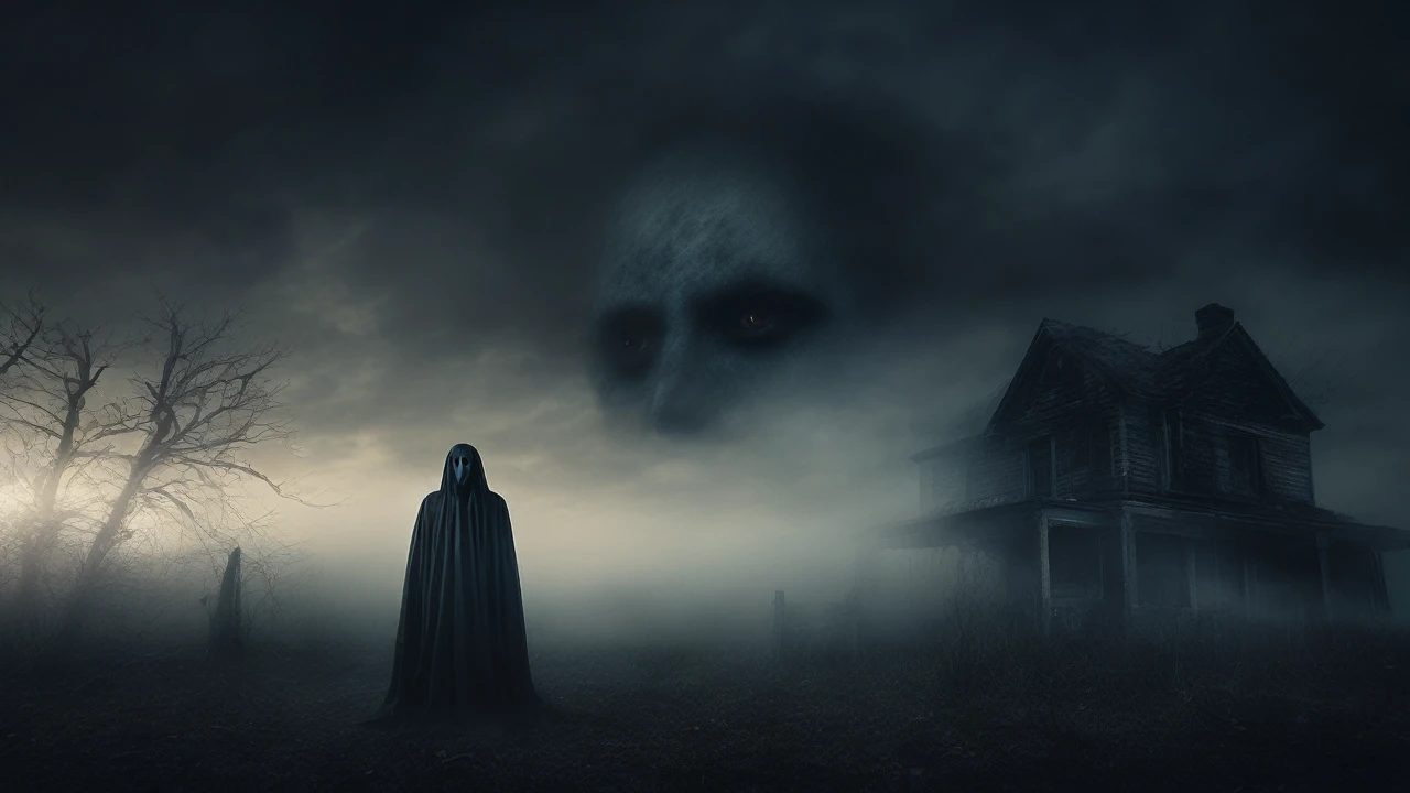 a ghost face in the sky, a haunted figure standing in front of him, detailed face, dramatic lighting, dark moody atmosphere, cinematic, ethereal, dramatic, dark fantasy, supernatural horror