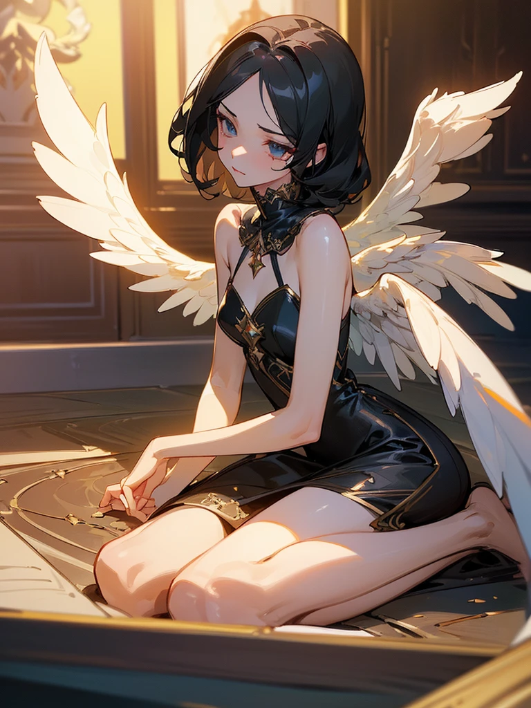 ((best quality)),(Ultra-high resolution),(Super detailed),(Detailed description),((Best CG))(Fantasy art with precise details:1.5), Black Hair，European classical long dress，Elizabeth neckline，(1 Female Angel:1.6),Angel Wings，side，Injuried，Blood，Half kneeling，Serious expression，get shot，Being chopped