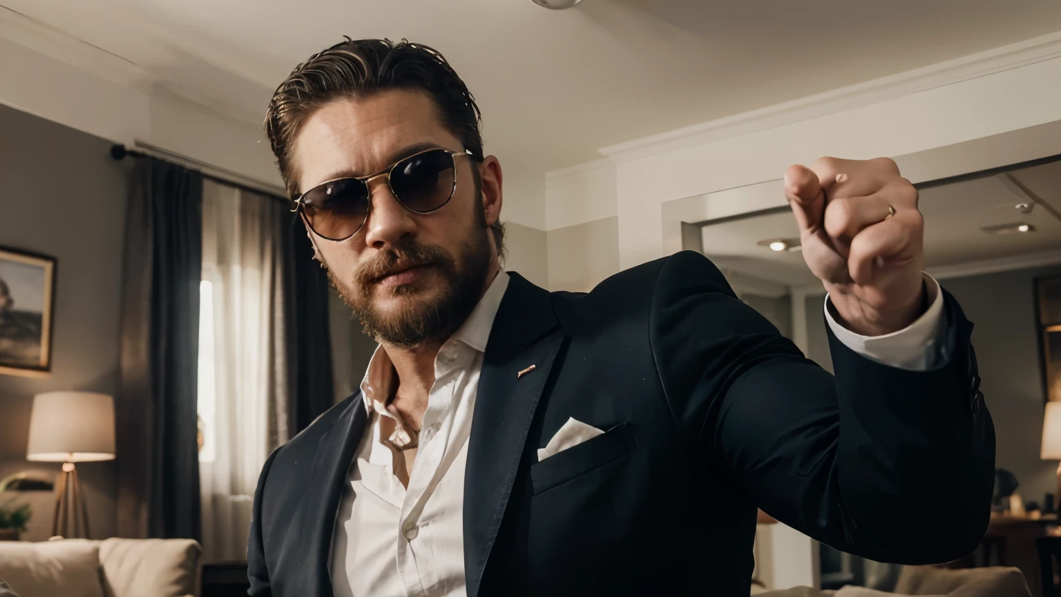 selfie , of a manly man strong and handsome , looking like tom hardy ,looking surprised , pointing with his finger , businessman , american man, with big moustache and beard , dressed in a suit and sunglasses , youtuber , in a bright living room , youtuber ambiance, influencer , ultra detail, high resolution, ultra detailed, best quality, amazing, top quality, extremely detailed CG unity 8k wallpaper, cinematic lighting,