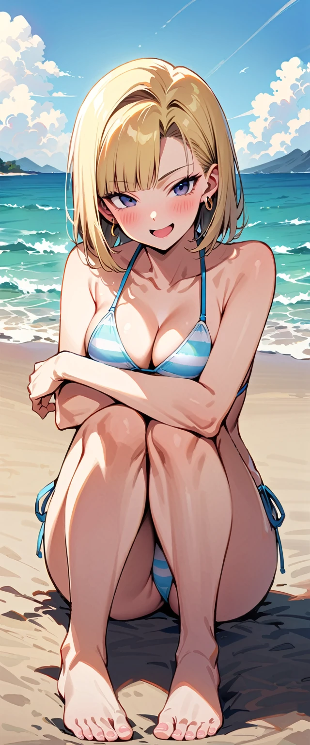 (masterpiece, best quality:1.2), (solo), Android 18 from Dragon Ball, 20s, ((string bikini, pastel stripe bikini)), sitting, (hugging own legs), medium breasts, blunt bangs, short blonde hair, (black eyes), earrings on earlobes, slender feminine figure, skinny body, blush, sky, magnificent view, blur background, 4K, open mouth, beach, side-tie bikini bottom, smile, Sandy Beach, highleg bikini, barefoot, facing viewer, knees up, beautiful butt, front view, crossed arms, side boob, cleavage