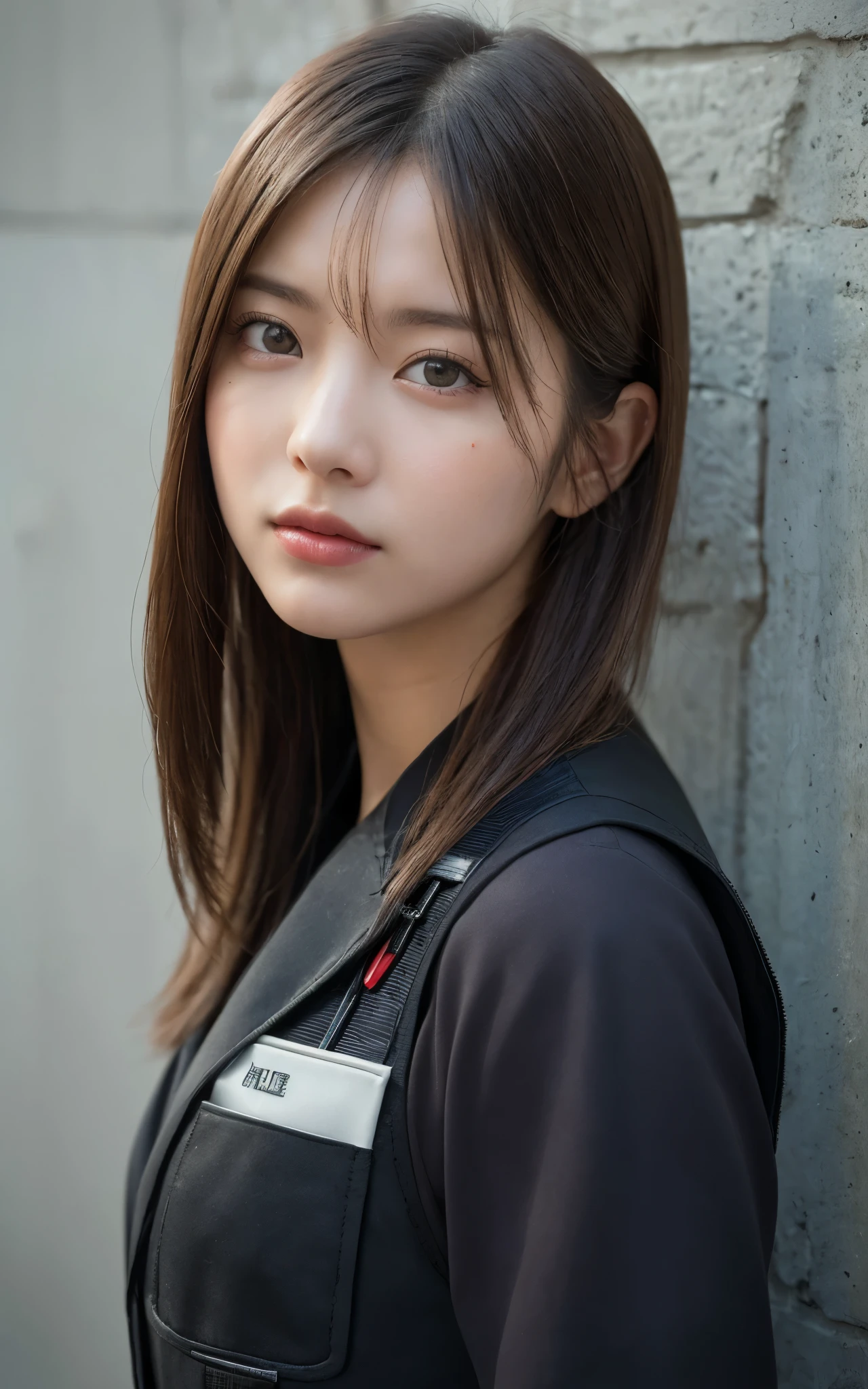 ((Best Quality, 8K, Masterpiece: 1.3, best quality)), photorealistic, photorealism, high resolution, ((face close up:1.2)), (detailed face skin, reallistic, Photorealsitic:1.37), face of 1girl , looking at the viewer, (Detailed face), medium long hair, (wearing dark rubber suit, tactical vests, military harness, high-tech headset), concrete wall background,