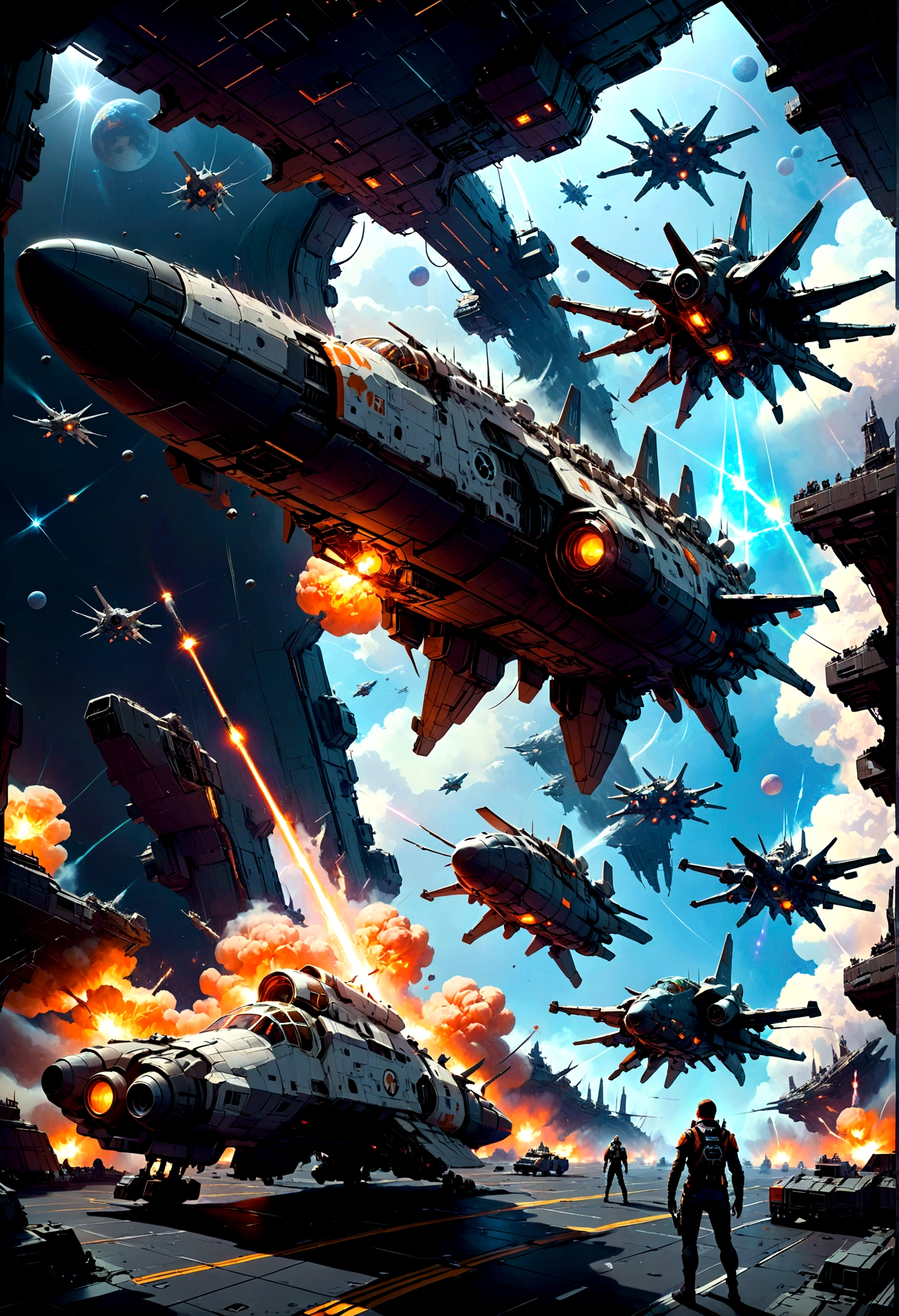 Space War, high quality, space pirates fleet attacking a giant imperial space station :: futuristic space combat, space combat, spaceships, space station, a supernova in the background, explosions, lasers, dogfight, space armada, space battle, outer space, sci-fi, by Ivan Laliashvili, concept art, environment concept art, best of artstation, cgsociety, rule of thirds, asymmetrical composition, cinematic lighting, cinematic shot, oil on canvas, clean strokes, 8k resolution, highly detailed, masterpiece, best quality, very aesthetic, absurdres
