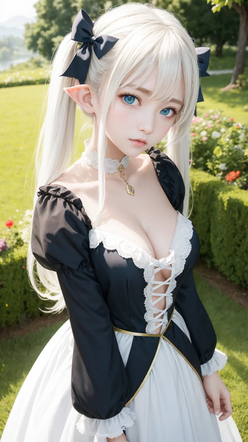 Highest quality:1.2)、1 Girl、Elf、Are standing、chest、、Frielen、Fantasy、(landscape:0.5)、High twin tails、Green Eyes、White Hair