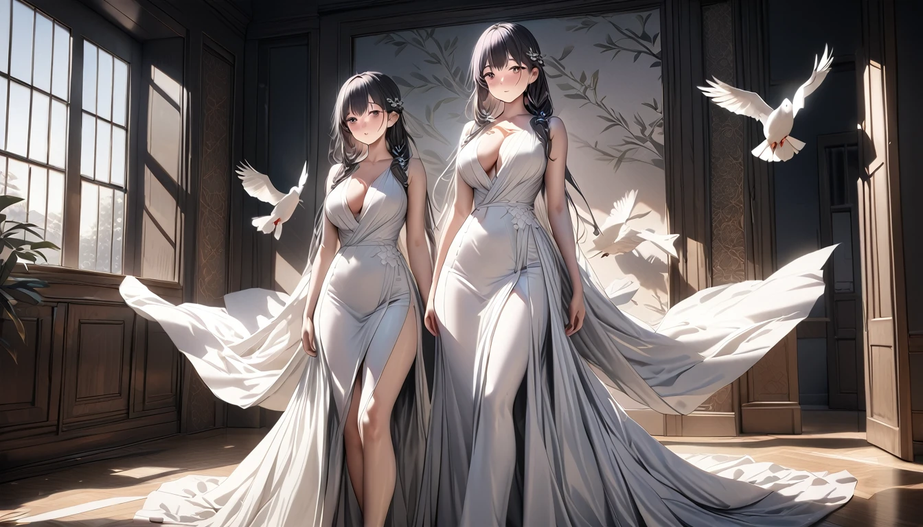 1 woman, beautiful white long braided hair, 29 years old, detailed facial features, elegant flowing dress, large breasts, wide hips, standing in a natural idyllic setting, doves with olive branch, dramatic lighting, photorealistic, 8k, 4k, masterpiece,(perfect female body:1.2),(gorgeous detailed skin),(detailed hair),quality\(8k,wallpaper of extremely detailed CG unit, masterpiece,hight resolution,top-quality,top-quality real texture skin,hyper realisitic,increase the resolution,RAW photos,best qualtiy,highly detailed,the wallpaper,cinematic lighting,ray trace,golden ratio\)