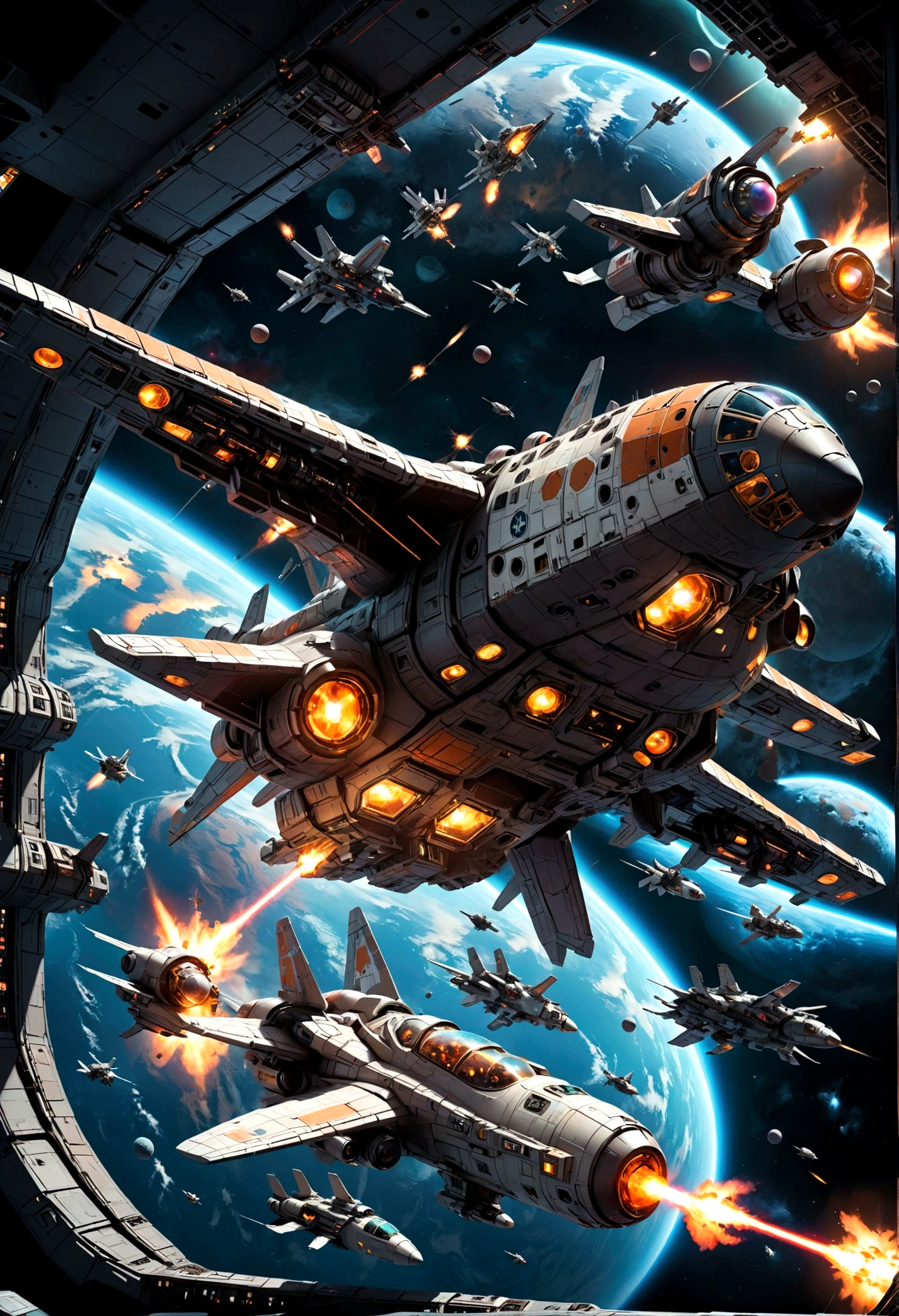 Space War, high quality, space pirates fleet attacking a giant imperial space station :: futuristic space combat, space combat, spaceships, space station, a supernova in the background, explosions, lasers, dogfight, space armada, space battle, outer space, sci-fi, by Ivan Laliashvili, concept art, environment concept art, best of artstation, cgsociety, rule of thirds, asymmetrical composition, cinematic lighting, cinematic shot, oil on canvas, clean strokes, 8k resolution, highly detailed, masterpiece, best quality, very aesthetic, absurdres