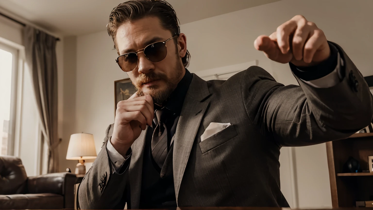 selfie , of a manly man strong and handsome , looking like tom hardy ,looking surprised , pointing with his finger , businessman , american man, with big moustache and beard , dressed in a suit and sunglasses , youtuber , in a bright living room , youtuber ambiance, influencer , ultra detail, high resolution, ultra detailed, best quality, amazing, top quality, extremely detailed CG unity 8k wallpaper, cinematic lighting,