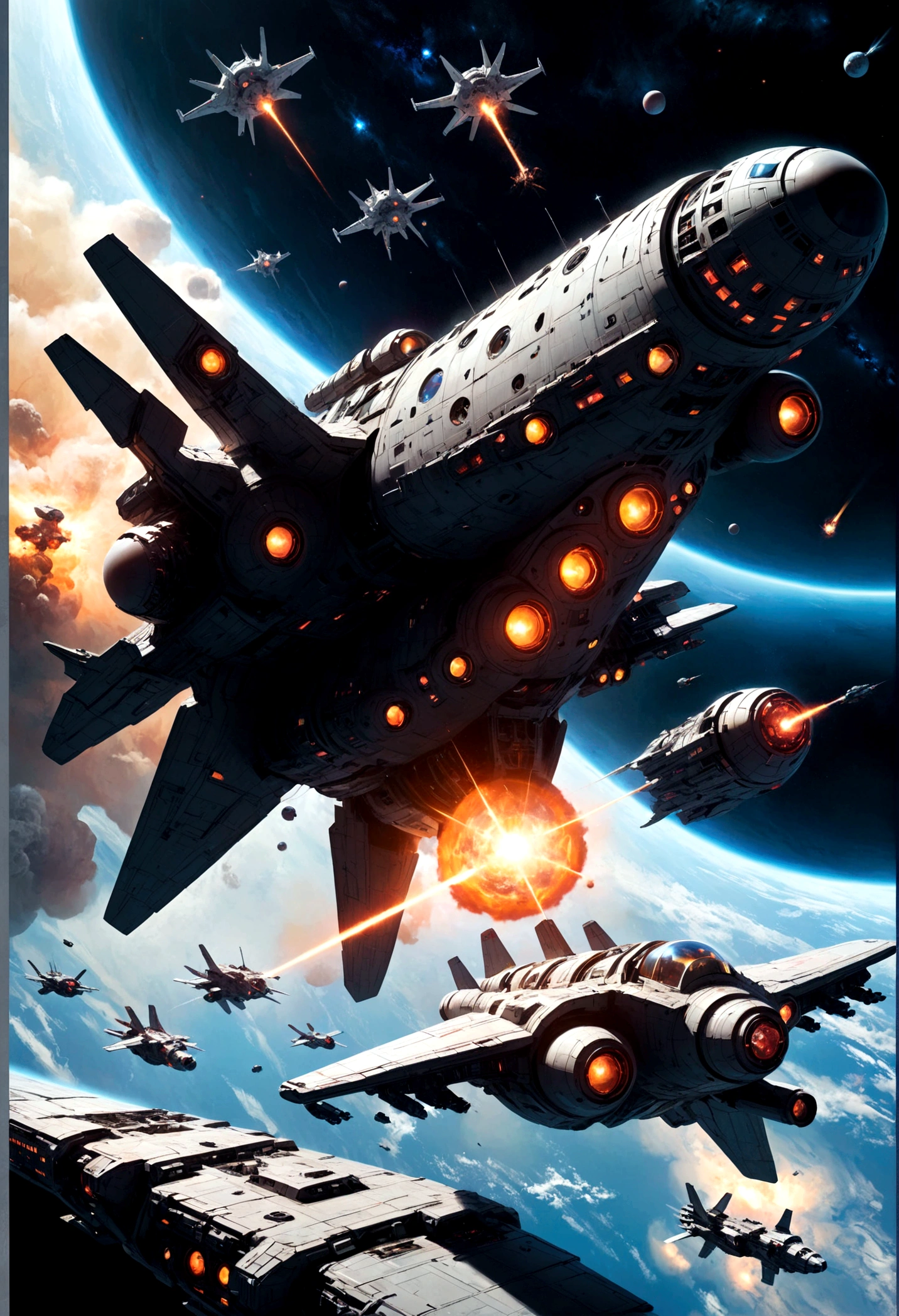 Space War, high quality, space pirates fleet attacking a giant imperial space station :: futuristic space combat, space combat, spaceships, space station, a supernova in the background, explosions, lasers, dogfight, space armada, space battle, outer space, sci-fi, by Ivan Laliashvili, concept art, environment concept art, best of artstation, cgsociety, rule of thirds, asymmetrical composition, cinematic lighting, cinematic shot, oil on canvas, clean strokes, 8k resolution, highly detailed, masterpiece, best quality, very aesthetic, absurdres