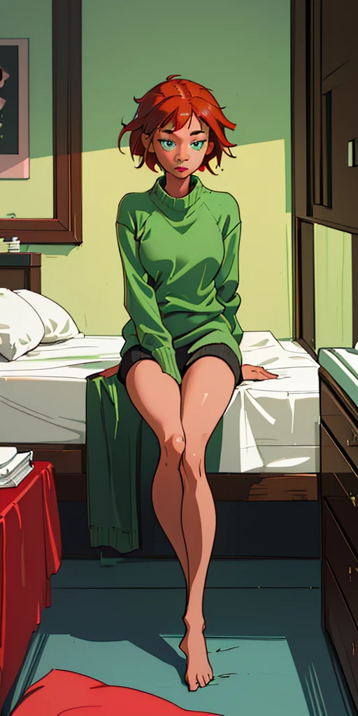 (absurdres, highres, ultra detailed), 1 girl, 20-year-old woman, black skin, plump lips, short woman, cute and delicate. Red hair, freckles on her face, her breasts are small, completely innocent face, full body, she is inside room and sitting on the bed, she is wearing a large green sweater and no pants on. Laptop visible on the bed. Green eyes.