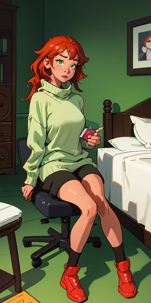 una joven de 21 years se masturba en su cama, 1 girl, Alone, Red hair ,long hair,willpower_water, 21 years, perverted, Red eyes , Shirt and skirt, showing pussy, hairy pussy, Pussy view, smiling, groan, orgasm, masturbation. feminine, barefoot, opening your legs, pen, metiendose el pen en el coño,