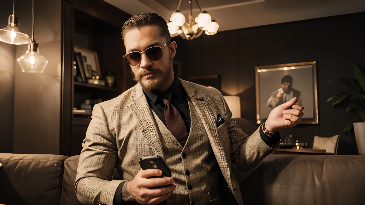 selfie , of a manly man strong and handsome , looking like tom hardy ,looking happy, holding a stck of dollar bills, businessman , american man, with big moustache and beard , dressed in a suit and sunglasses , youtuber , in a bright living room , youtuber ambiance, influencer , ultra detail, high resolution, ultra detailed, best quality, amazing, top quality, extremely detailed CG unity 8k wallpaper, cinematic lighting,
