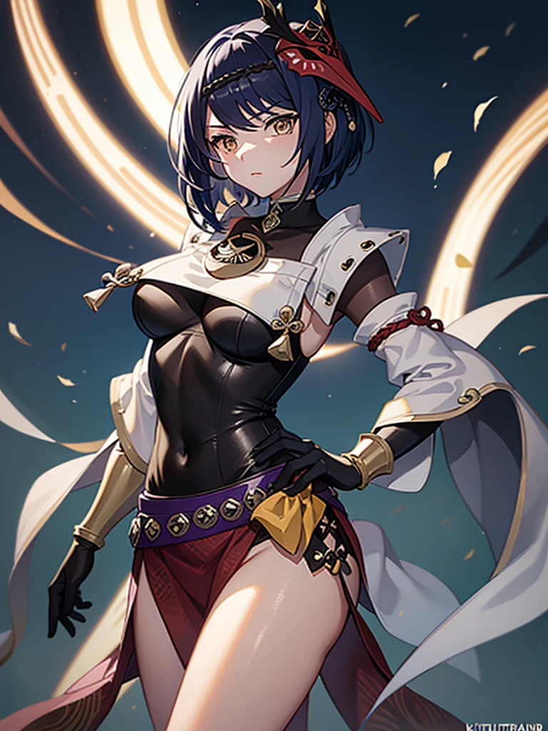 genshin impact,Kujou sara,Sexy figure, full body, 8k, masterpiece, ultrasharp , wet clothes, tight clothes, sexy curves , see through clothes , open legs, very tight bra