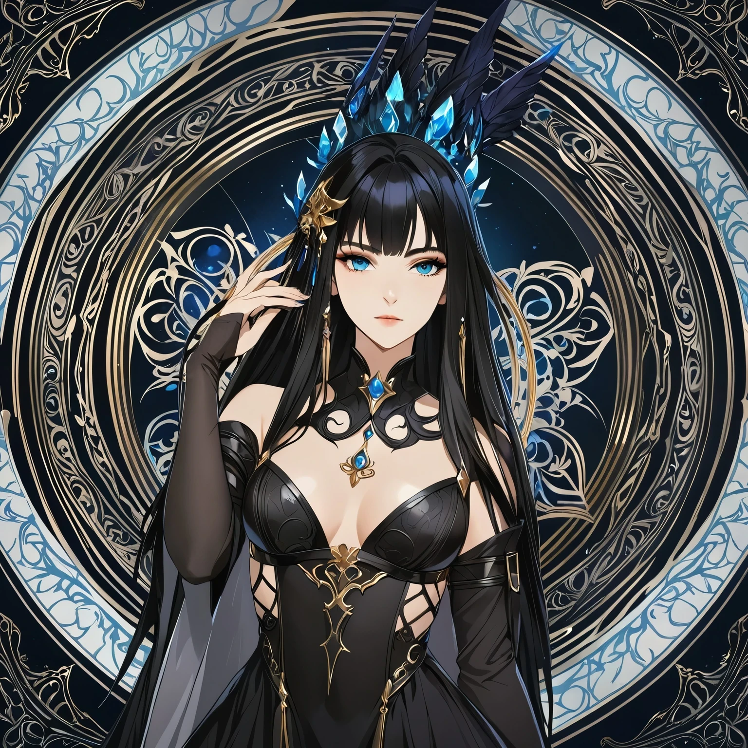 masterpiece, best quality, 1woman adult, female focus, solo, black hair, vibrant blue eyes, long hair, looking at viewer, closed mouth, bangs, Fantasy aesthetics, Highly detailed, shadowverse style, black attire, sorceress
