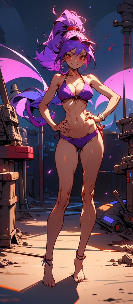 Masterpiece, best quality, Masterpiece, best quality, 1 woman , red eyes , long purple ponytail , sly face , smile , purple bikini , abdomen, big breasts , Long legs , Barefoot , hands on hips , abandoned factory , at night