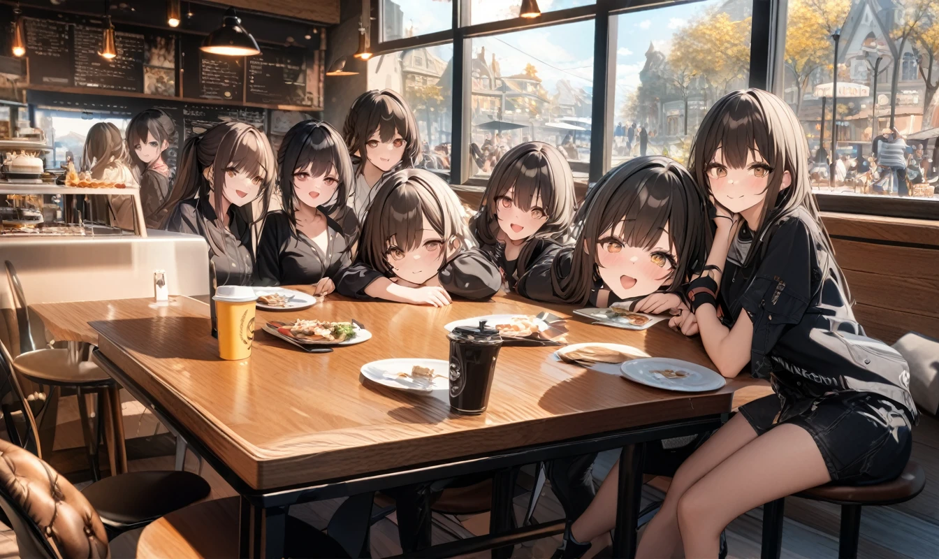 (masterpiece), best quality, ultra-detailed, 1024k UHD wallpaper, ultra-high resolution, depth of field, HDR, (extremely detailed CG 1024k wallpaper), Detailed face, Detailed Clothes, Ultra HD Photo, Perfect Face, a lot friends sitting on table, in cafe, having fun, yofan name in background