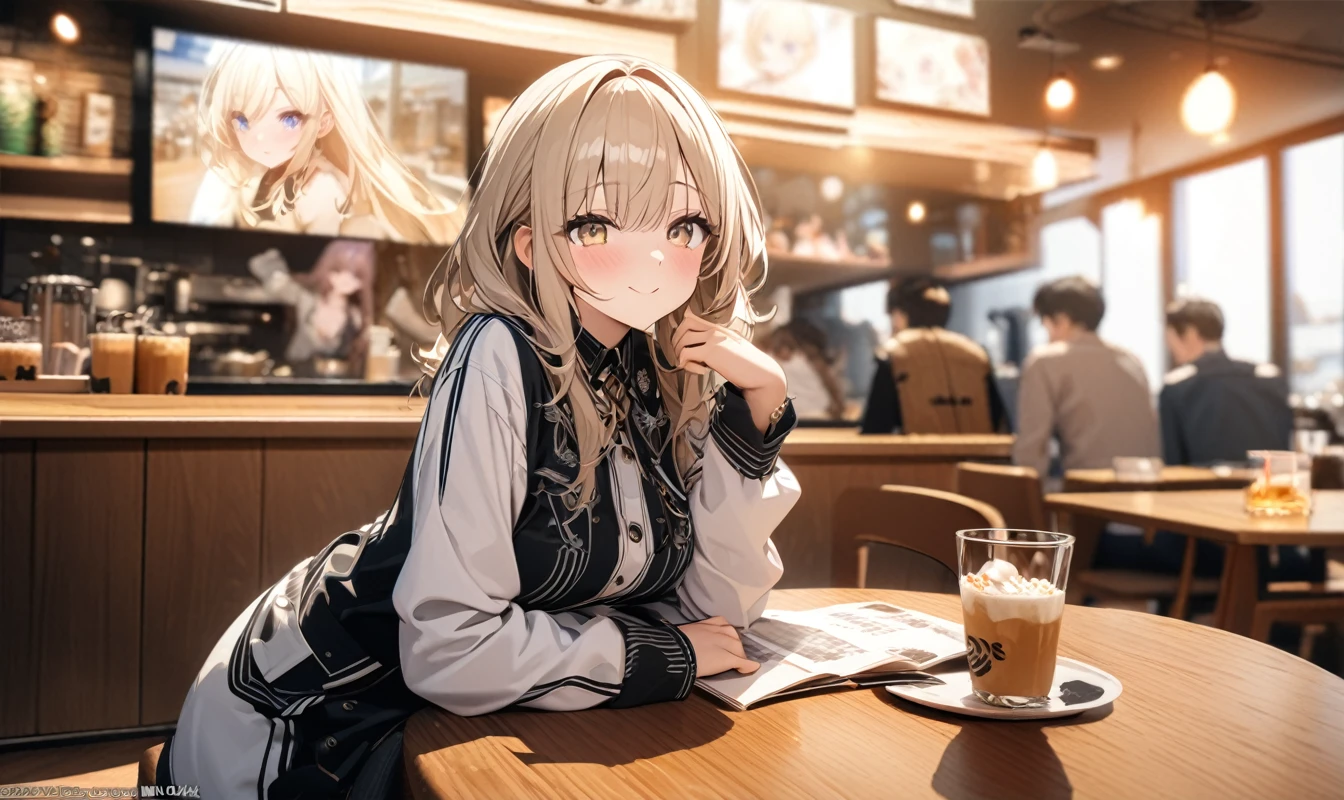 (masterpiece), best quality, ultra-detailed, 1024k UHD wallpaper, ultra-high resolution, depth of field, HDR, (extremely detailed CG 1024k wallpaper), Detailed face, Detailed Clothes, Ultra HD Photo, Perfect Face, a lot friends sitting on table, in cafe, having fun, yofan name in background