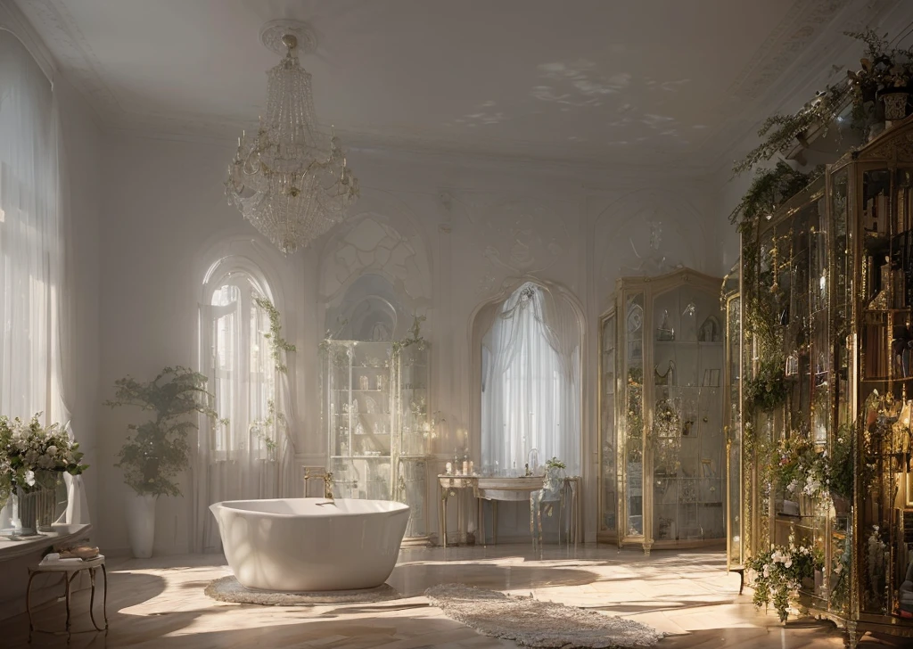 Hyperrealistic 8k high detail 3d art, Dream sky ceiling wide princess bathtub facing directly into bedroom transparent partition feminine and tall closets with diagonally arranged rows of dresses and shoes with heavy duvet and flowy canopy and open bookshelves, sense of floating but not