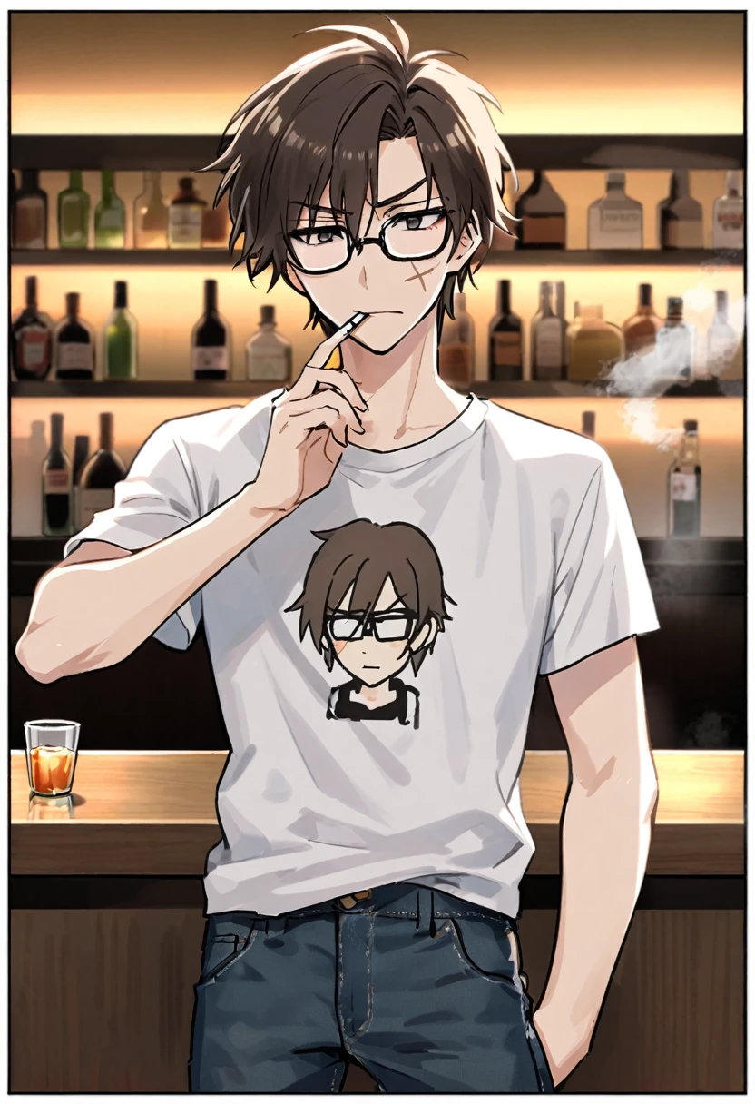 Manga drawing
Alaric Vitalle, 26 years old, is a young intellectual with an unkempt and authentic appearance. His dark brown hair is always messy, and he wears thick-rimmed glasses that give him a nerdy appearance. Standing 1.74 m tall, Alaric has a slender build and a relaxed posture. His skin is slightly pale, with deep dark circles under his eyes. He prefers simple clothes like anime t-shirts and distressed jeans. A small scar adorns his left eyebrow. His expression usually displays slight skepticism or sarcasm. He is smoking a cigarette with one hand, while holding an alcoholic drink in the other. The scene in the background is a night bar,
in Lora Marvin style, manga cover style, detailed face.