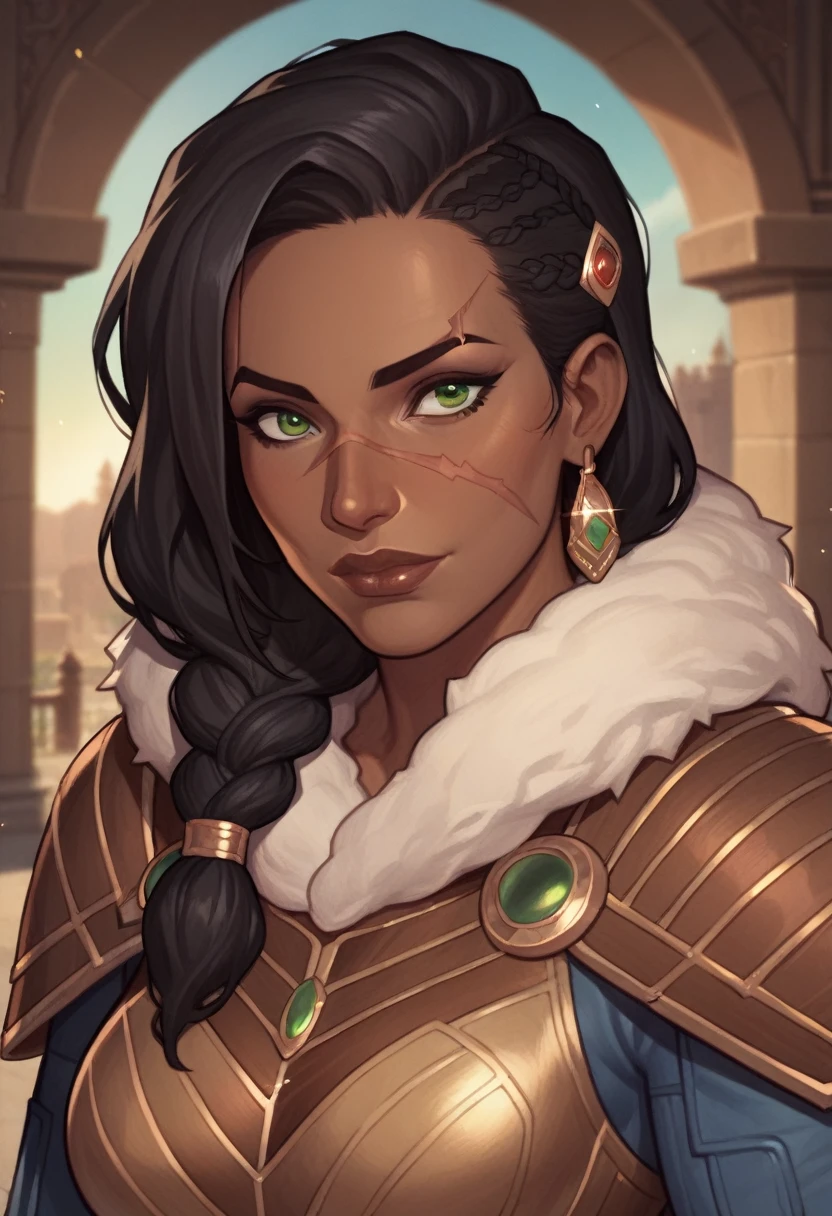 (((beautiful, high quality, perfect eyes, comics style))), upper body, score_9, score_8_up, score_7_up, 1girl, (((mature african woman, dark-skinned))), scar on face,black hair,greeneyes,side braid, leather armor,fur trim, fantasy background, blurred background, easynegative