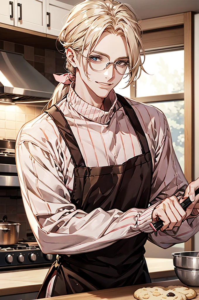 1male, ponytail hair, brown eyes, blond hair, white apron, pink sweater, glasses, mature face, ikemen, smile, baking cookies, kitchen background, 4k, high resolution, rim lighting