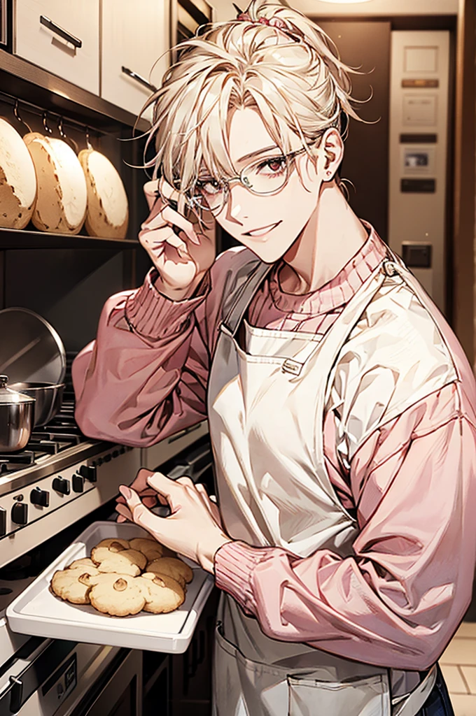 1male, ponytail hair, brown eyes, blond hair, white apron, pink sweater, glasses, mature face, ikemen, smile, baking cookies, kitchen background, 4k, high resolution, rim lighting