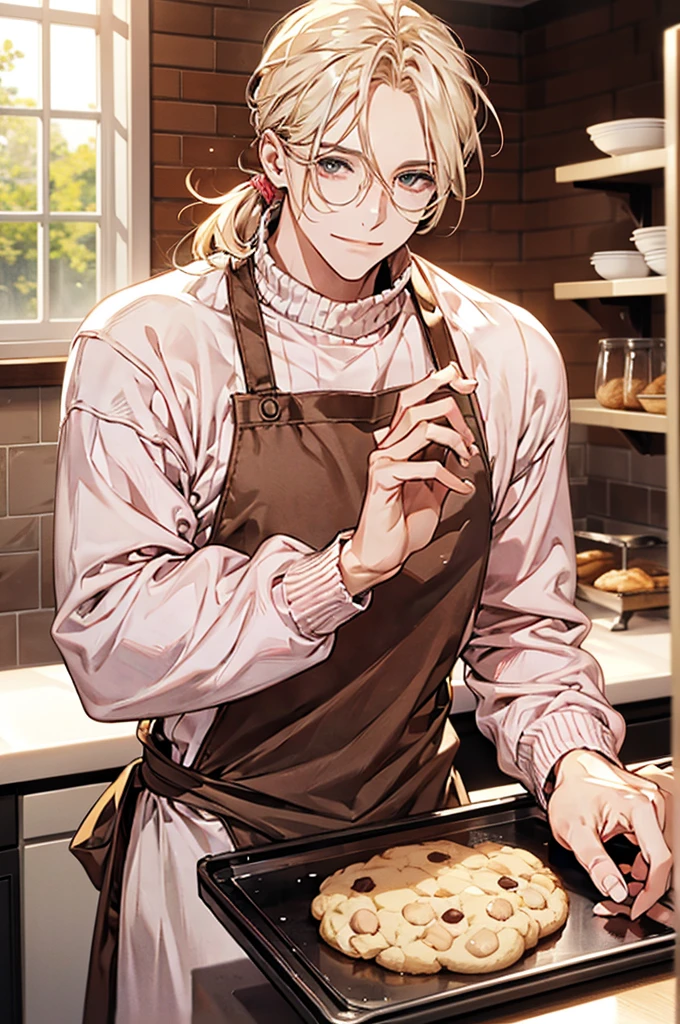 1male, ponytail hair, brown eyes, blond hair, white apron, pink sweater, glasses, mature face, ikemen, smile, baking cookies, kitchen background, 4k, high resolution, rim lighting
