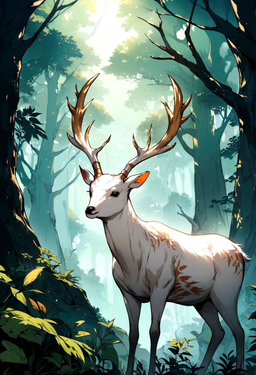 "Albino deer in a mysterious forest."