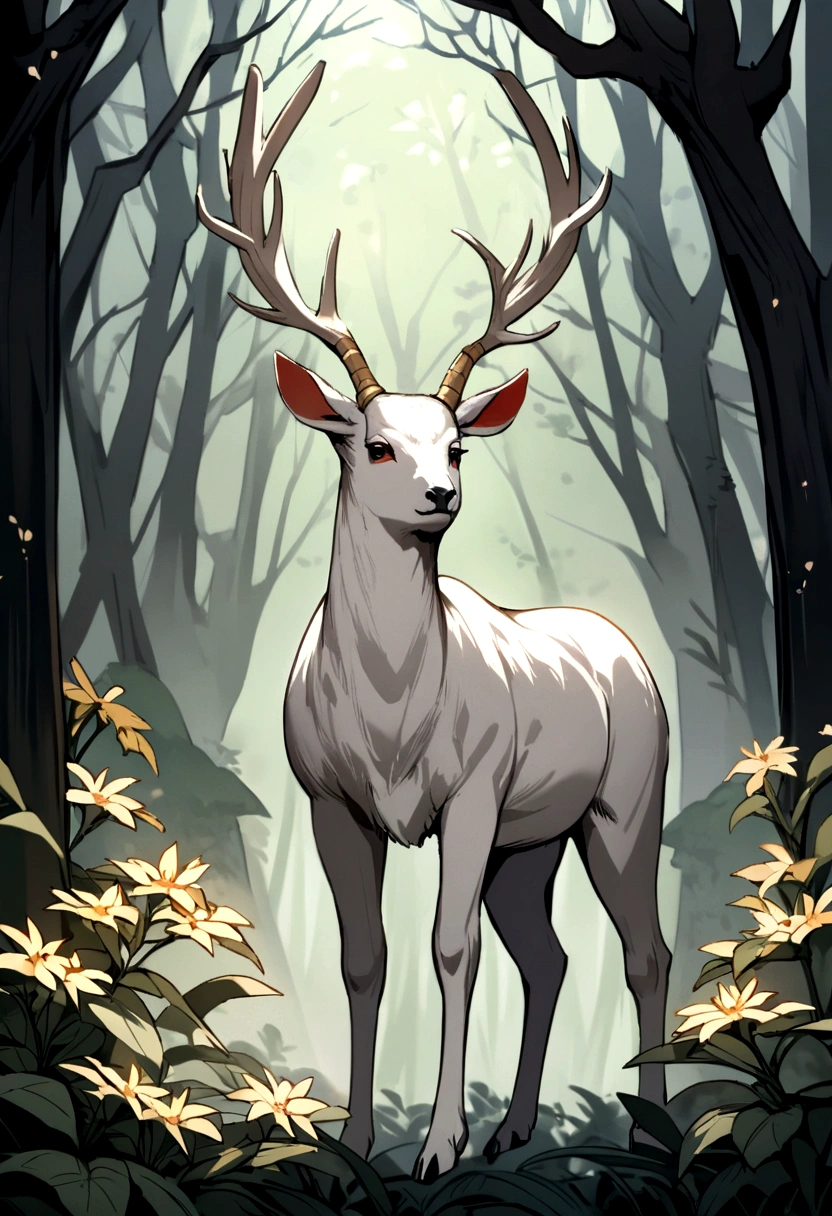 "Albino deer in a mysterious forest."