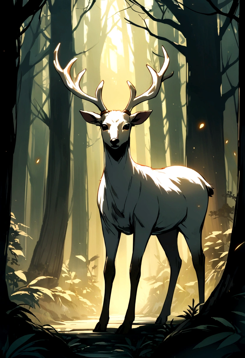 "Albino deer in a mysterious forest."