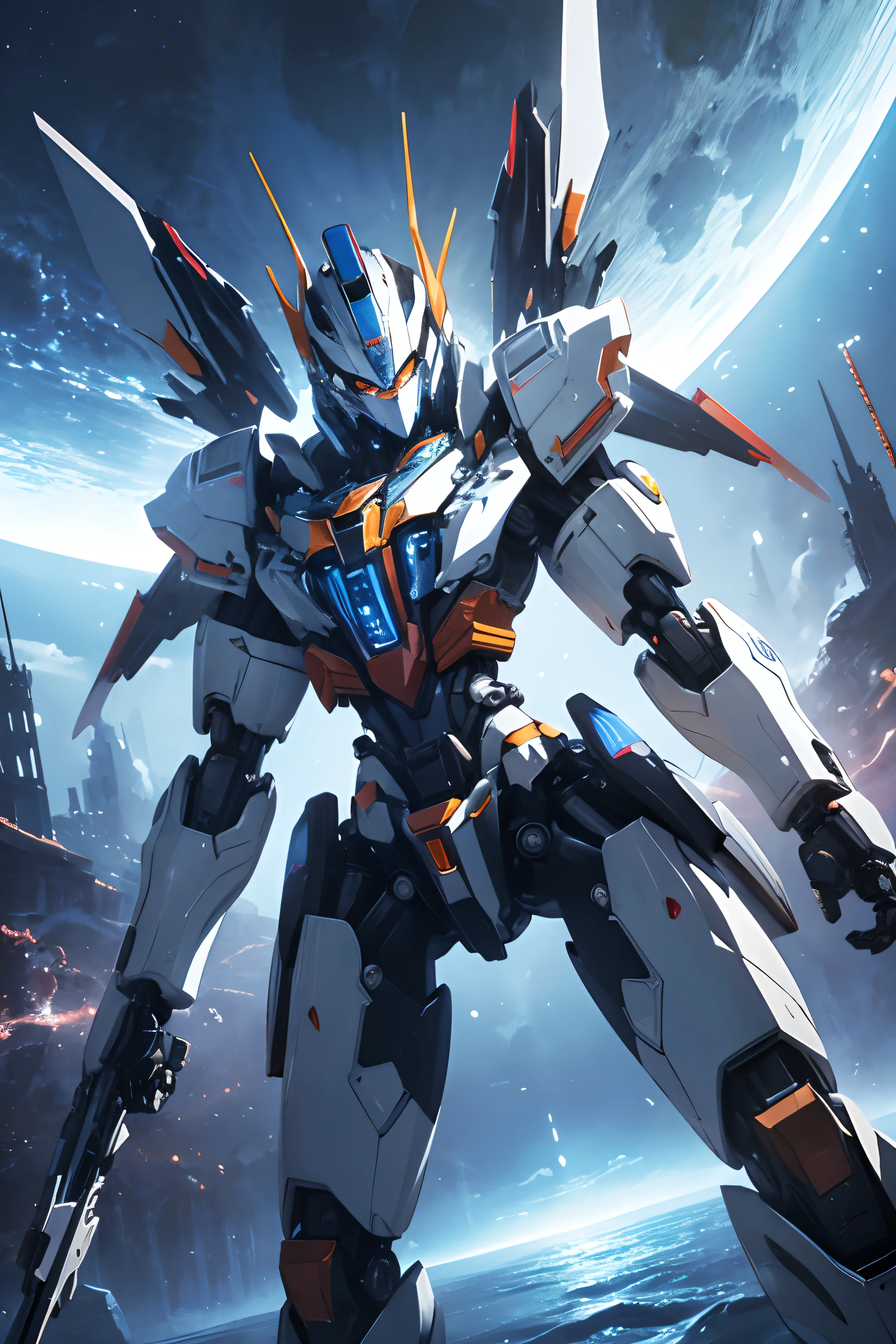 Ridiculous resolution, high resolution, (masterpiece:1.4), Very detailed, 1 mecha robot, Look from above, space, A huge blue moon floats, - At 6 o'clock