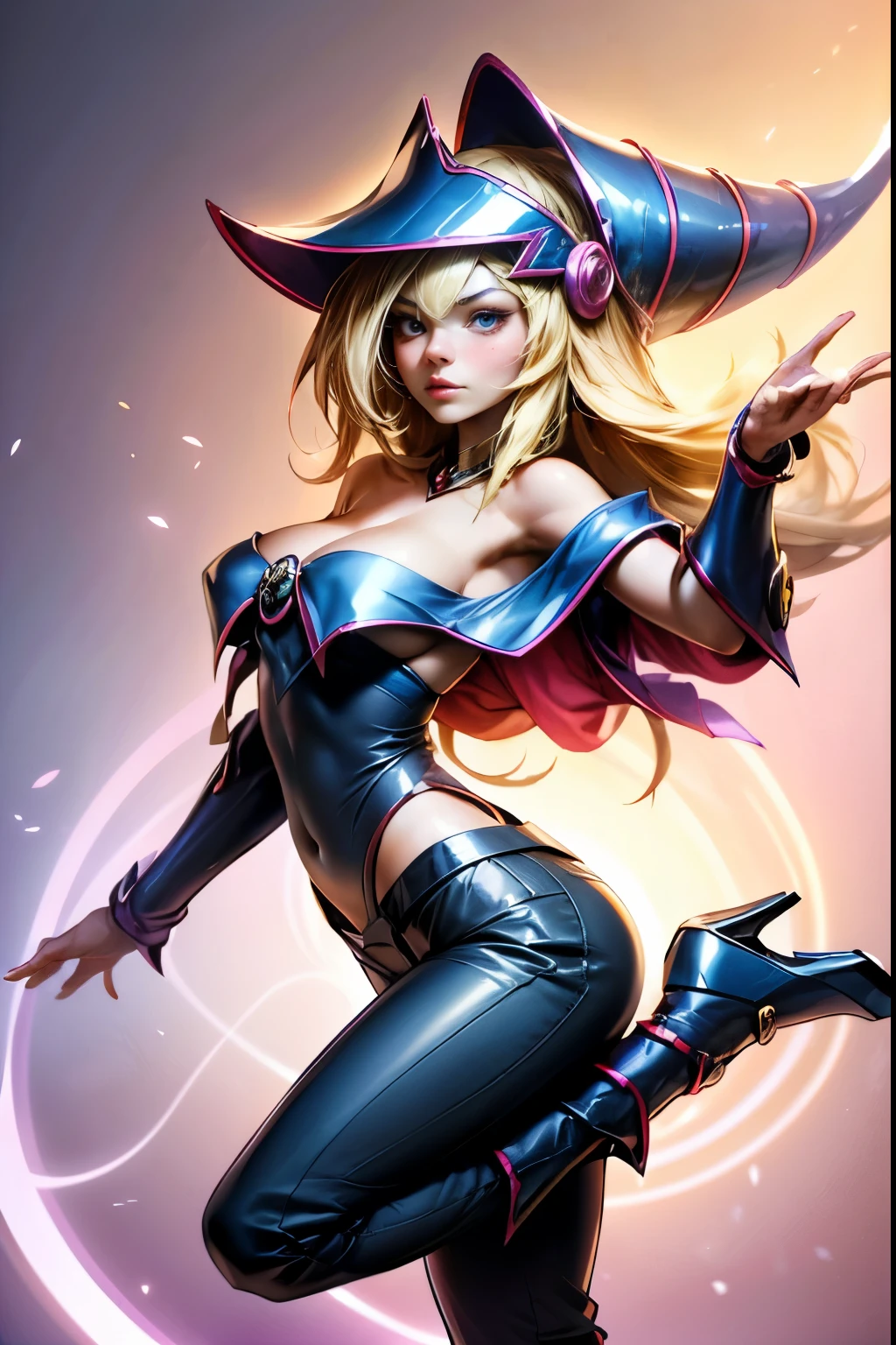 dark magician gils, with high-heels. pants, sexy, Subjective and sensual pose. magic background. Magical heart in the air. magic circle