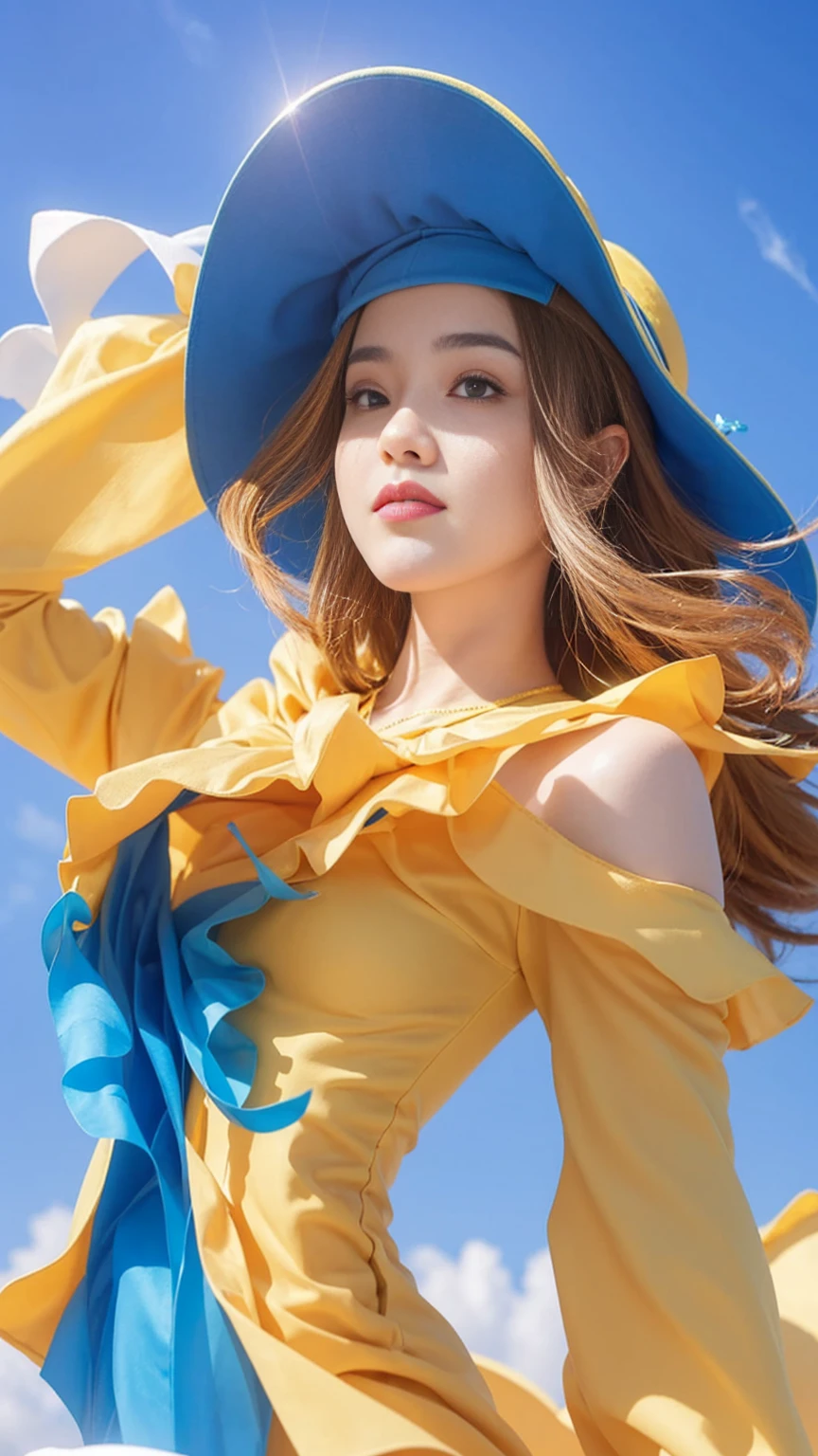 a close up of a woman in a yellow dress and a blue hat, style artgerm, ! dream artgerm, extremely detailed artgerm, artgerm detailed, ig model | artgerm, artgerm style, artgerm. high detail, style of artgerm, splash art anime , like artgerm