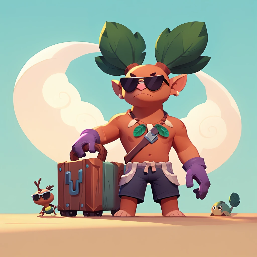 a creature resembles a living tree trunk, wearing sunglasses, wearing shorts and purple gloves