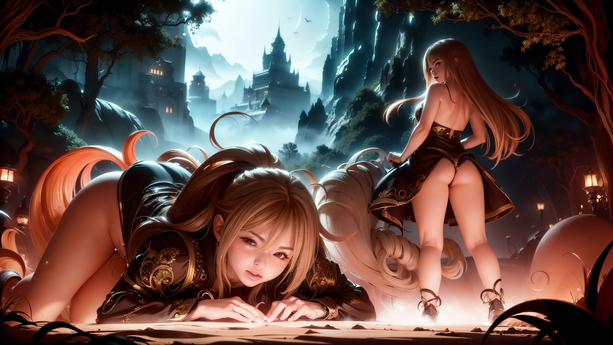 (Masterpiece artwork、highest quallity、details Intricate、The ultra-detailed、ultra-quality、high resolution、The best shadows、The best lighting、4K) Eleven keywords: The hair is golden Beautiful blonde Longevity and immortality Beautiful figure Exceptional abilities Harmony with nature Noble culture Ancient races Fantasy works Role-playing games Beauty and elegance dark witch Magical talent Females a beautiful girl Mystic fictional creatures Old Dresses The buttocks are seen through standing on all fours highlighting the buttocks Sit with a beautiful back Looking back. Black magical girl in a chino landscape, sexy fio dental
