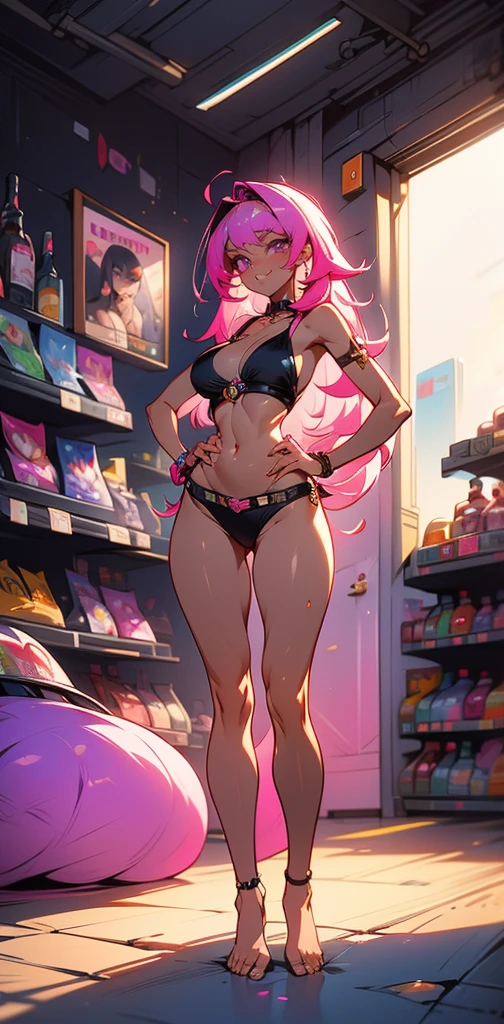 Masterpiece, best quality, Masterpiece, best quality, 1 woman , pink hair , purple eyes , sly face , black bikini , big breasts , abdomen , Long legs , Put your hands on your hips.... , Barefoot , full body , convenience store ,