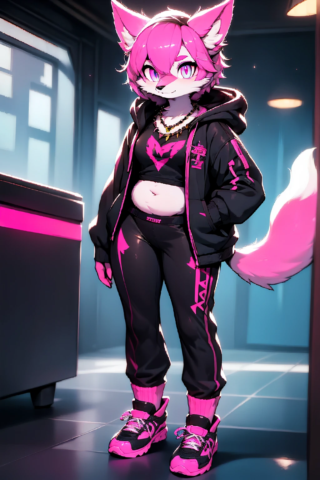 furry:1.5, Oh, league of legend, sexy for, wallpapers, detailed eyes, fox ear, (fox tails), a skirt, (long pink fur), medium breasts, Looking at_It is shown in_Looking atl espectador, short_Hair, gloves, belly button, fail, Blue_there are eyes, Eternal, full_body, weapon, Footwear, Necklaces, negro_gloves, pulp, hooded, Hair_overcome_Yoon_there are eyes, cultivator_above, Hoodie, negro_pants, sneakers, cut_Jacket, cyber punk character, cut_Hoodie