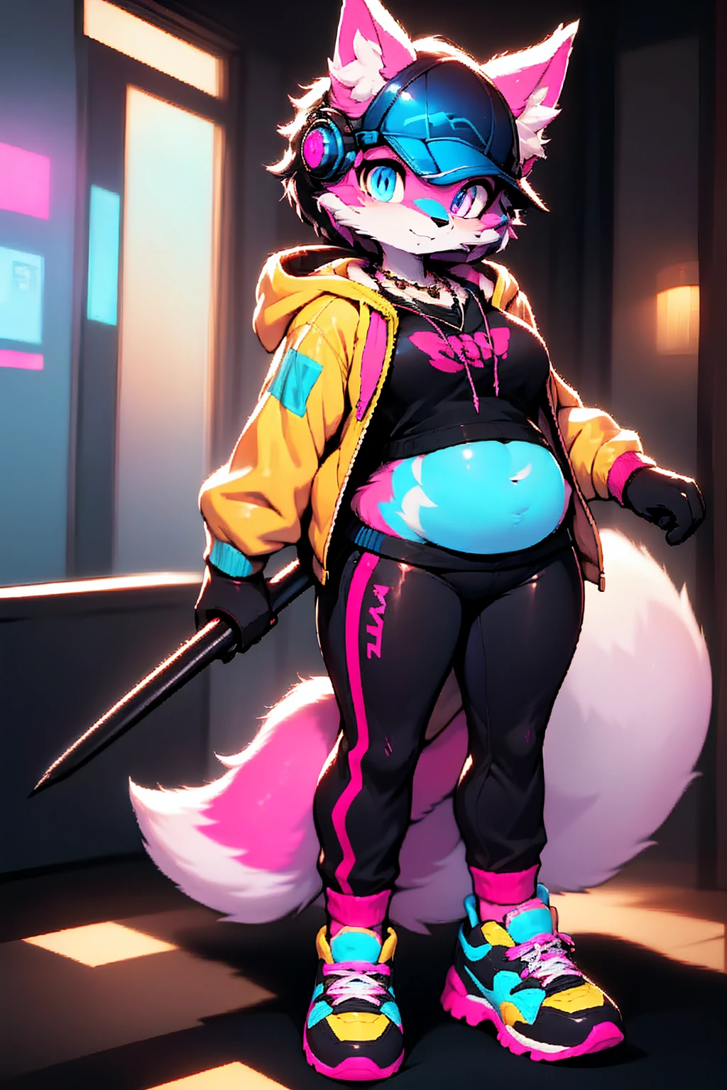 furry:1.5, Oh, league of legend, sexy for, wallpapers, detailed eyes, fox ear, (fox tails), a skirt, (long pink fur), medium breasts, Looking at_It is shown in_Looking atl espectador, short_Hair, gloves, belly button, fail, Blue_there are eyes, Eternal, full_body, weapon, Footwear, Necklaces, negro_gloves, pulp, hooded, Hair_overcome_Yoon_there are eyes, cultivator_above, Hoodie, negro_pants, sneakers, cut_Jacket, cyber punk character, cut_Hoodie